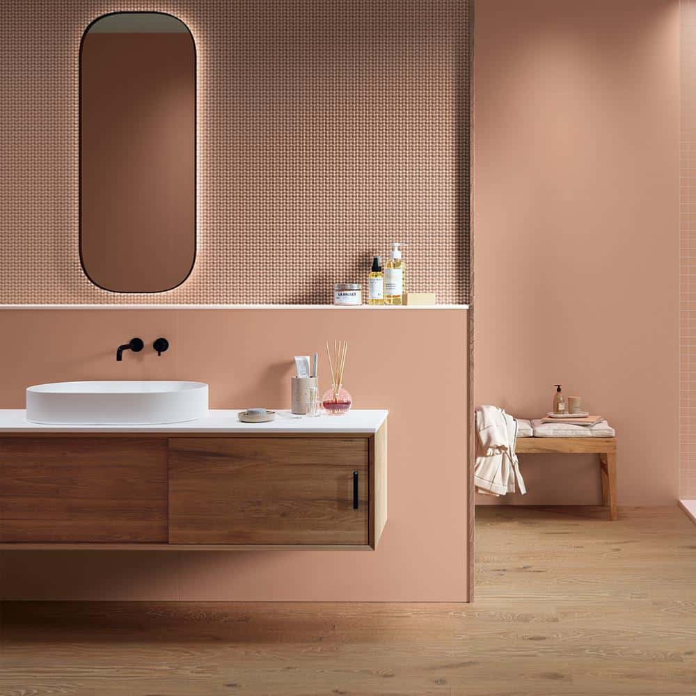 carrelage salle de bain moderne rose saumon 60x120 tapestry four season ape 