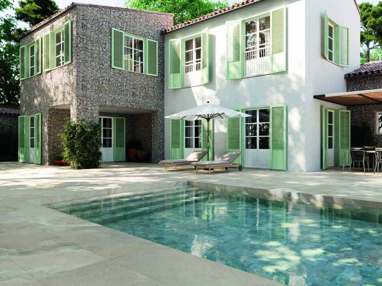 Carrelage bassin de piscine effet pierre beige 15x15 Sand Naturel, Cross APE