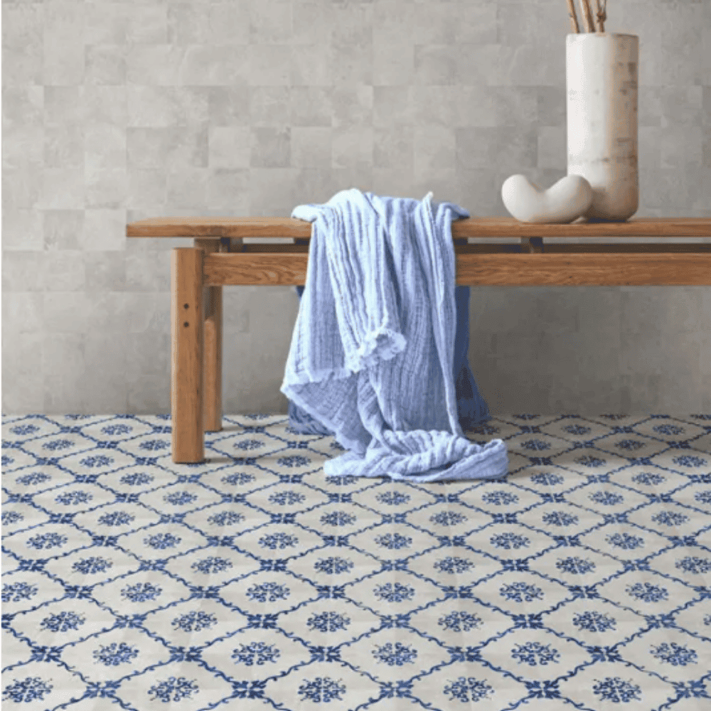 Carrelage effet Carreaux de ciment décor baroque Bleu, Blanc 11,5 x 11,5 cm Mat Evelina Terra Nanda Tiles (2)