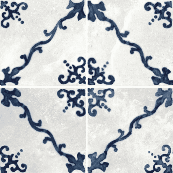 Carrelage effet Carreaux de ciment décor baroque Bleu, Blanc 11,5 x 11,5 cm Mat Evelina Terra Nanda Tiles