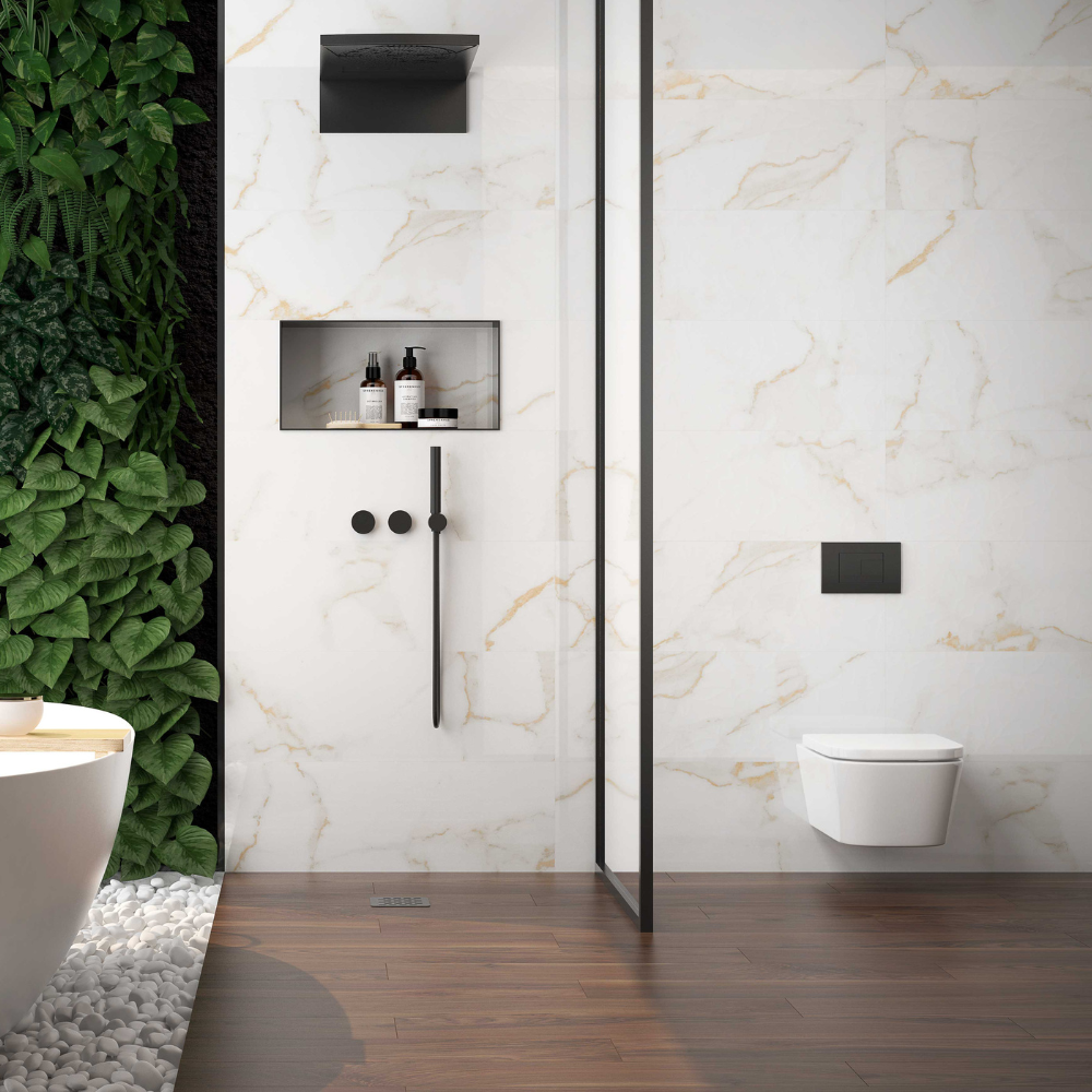 Carrelage Mural effet Marbre Blanc 30 x 90 cm Poli brillant Statuario Gold Maximus American Tiles (3)